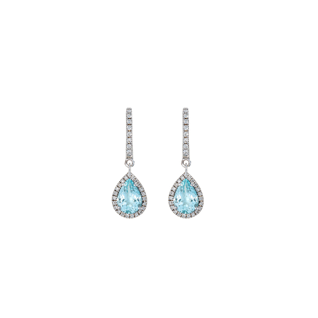 Diamond Pave Hoops with pear shaped Aquamarine Stones