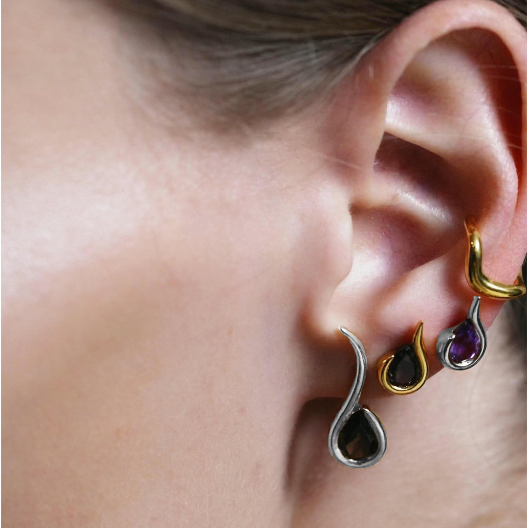 Haniotis Hellas_Eternal Waves_Clonia Earrings_Gold_Amethyst Stone_Semi precious_Earrings studs_Athens_Paros_Χανιώτης κοσμήματα_σκουλαρίκια_αμέθυστοσ_ημιπολύτιμες πέτρεσ_χρυσό 14Κ_Lara earrings_Multiple piercings