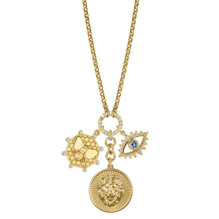 Lion, Diamond Bee and Sapphire Eye with Rolo clasp extension chain in 18K Gold