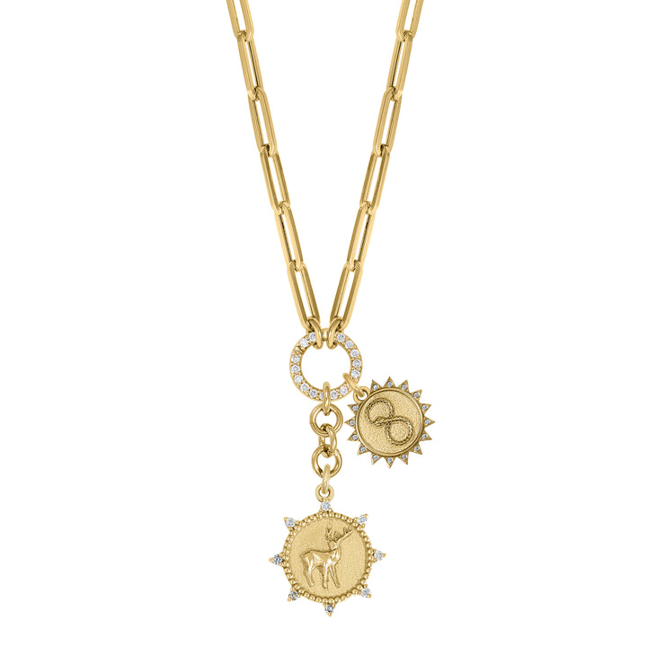 Deer and mini Ouroboros with Mini Paperclip diamond clasp chain in 18K Gold