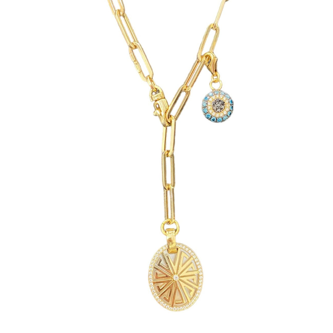 Meandros and Round Diamond Eye with mini Paperclip chain in Yellow Gold