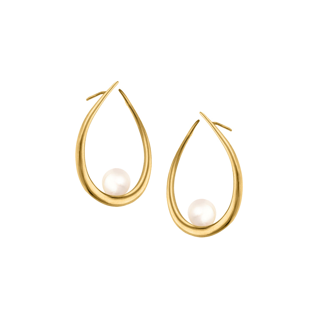 - Daeira Pearl Earrings - Eternal Waves collection Pearl edition - Greek-inspired jewelry - 14K gold earrings with freshwater pearl - Versatile hoop earrings - Timeless elegance jewelry - Ethical sourcing of jewelry materials - Haniotis Hellas jewelry brand - Aegean Sea-inspired design - Heirloom-quality earrings