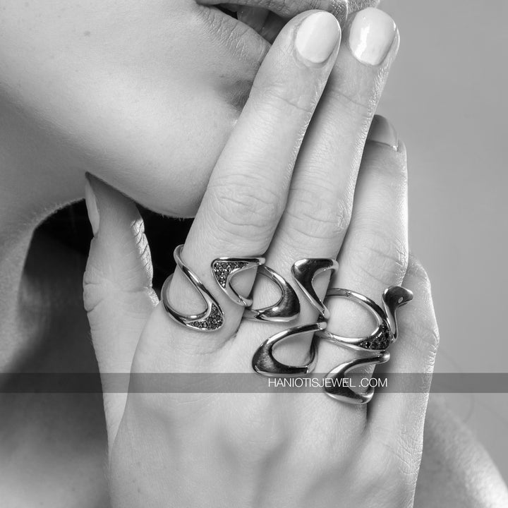 - Aegean Diamond Ring - Eternal Waves Collection - Haniotis Hellas - Greek-inspired jewelry - Athens craftsmanship - Sterling silver ring - Natural Black diamonds - Solo or paired look - Modern heirloom accessory - Day to night elegance