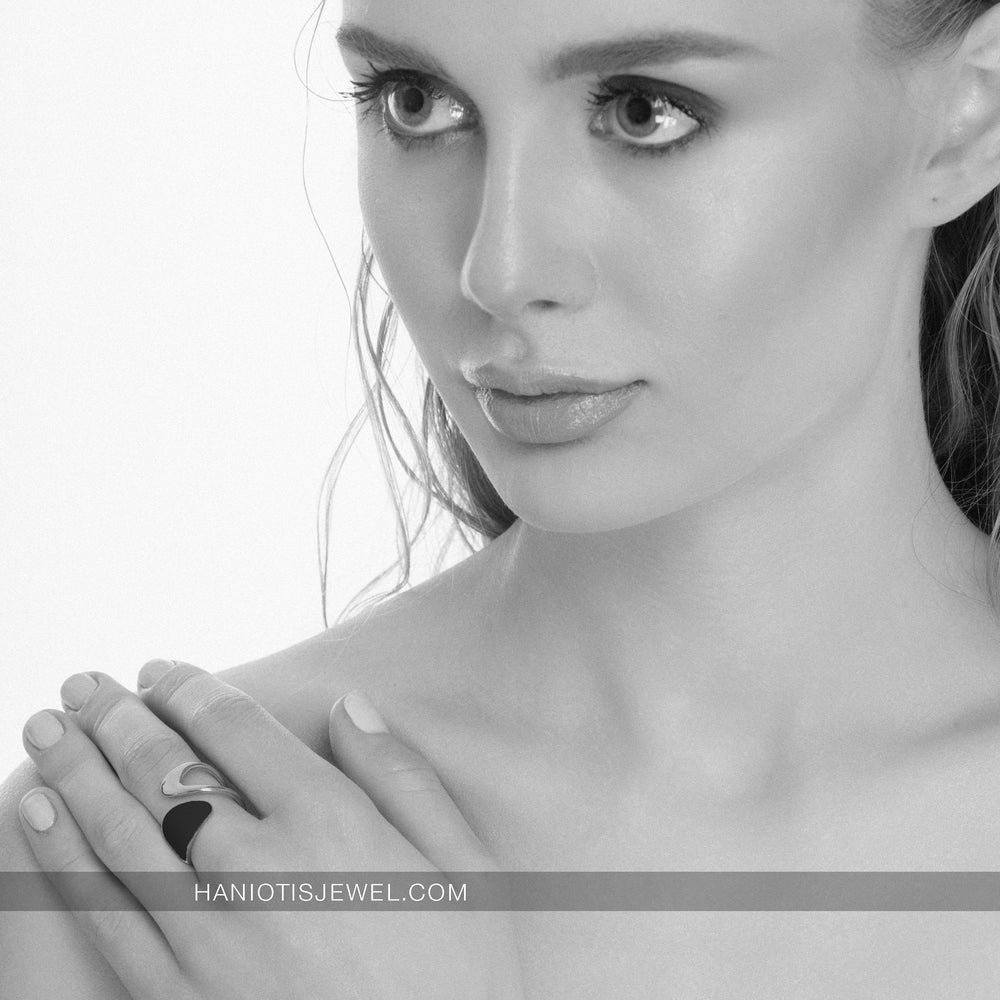 Aegean Filled Black Enamel Ring - Eternal Waves Collection - Haniotis Hellas - Greek-inspired jewelry - Athens craftsmanship - Sterling silver ring - Bold contrast with black enamel - Solo or paired look - Modern heirloom accessory - Day to night glamour