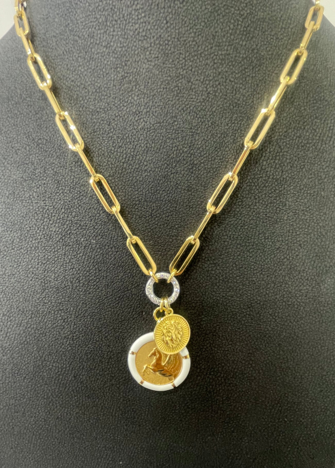 White Enamel Pegasus and Petite Lion with Paperclip chain white gold diamond clasp in 18K Special Price