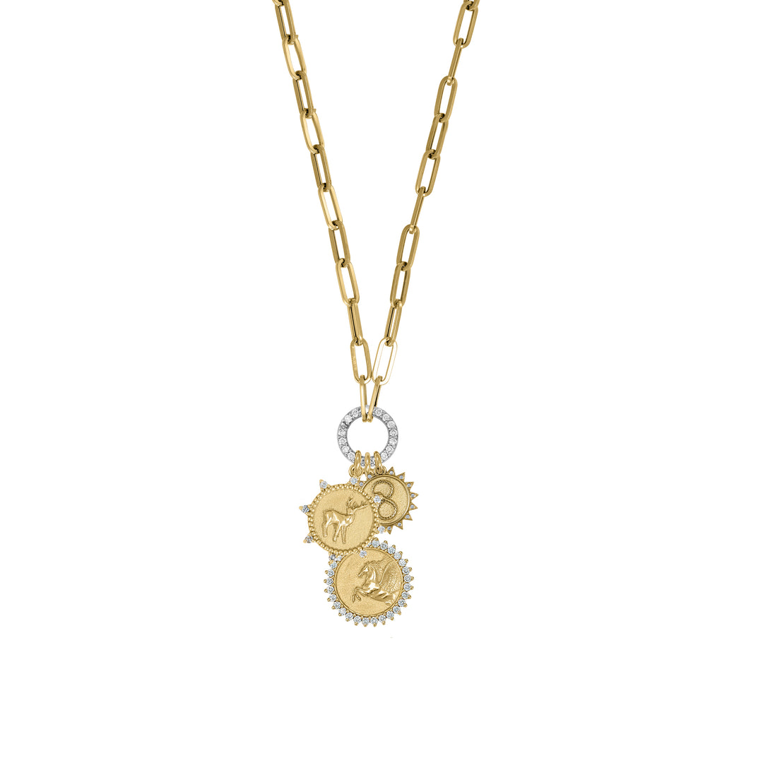 Pegasus, Deer & Ouroboros in white Diamonds with Mini Paperclip clasp extension chain in 18K Gold