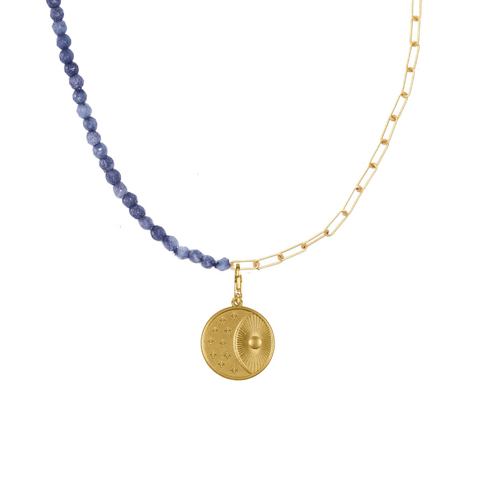 Lion with half and half mini Paperclip chain and Blue Sapphire Beads in Solid Gold
