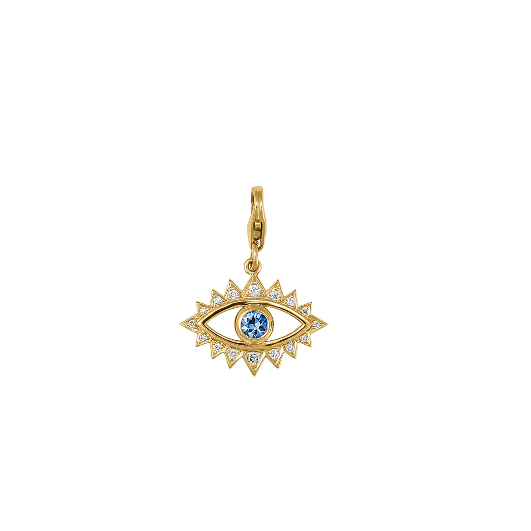 Bee, Mini Lion and Sapphire Eye in white diamonds with Mini Paperclip clasp extension chain in 18K Gold