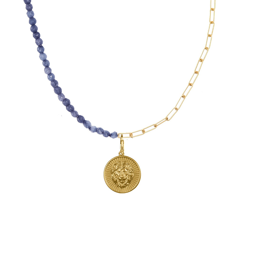 Lion with half and half mini Paperclip chain and Blue Sapphire Beads in Solid Gold