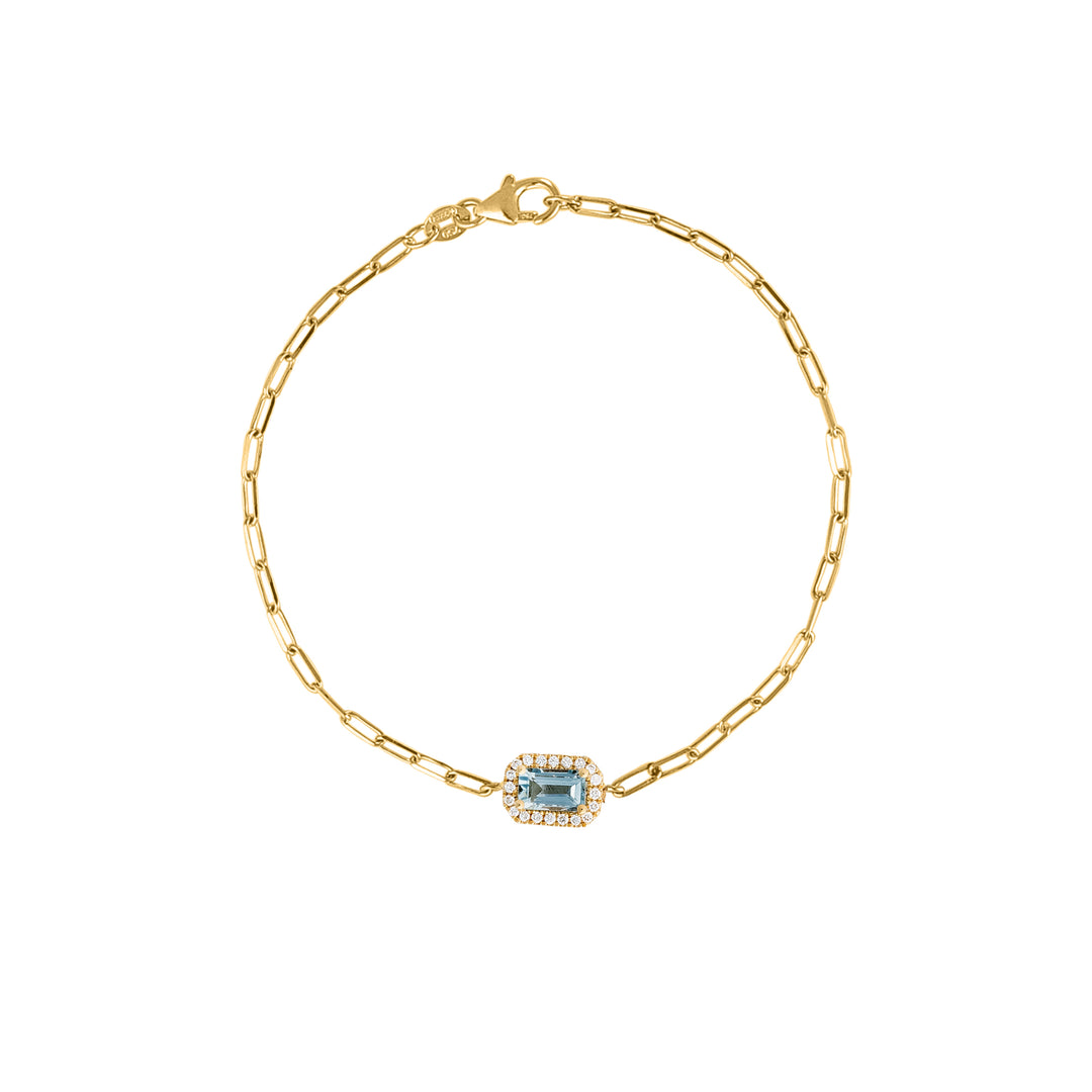 Blue Topaz Emerald cut Diamond pave Paperclip Chain Bracelet