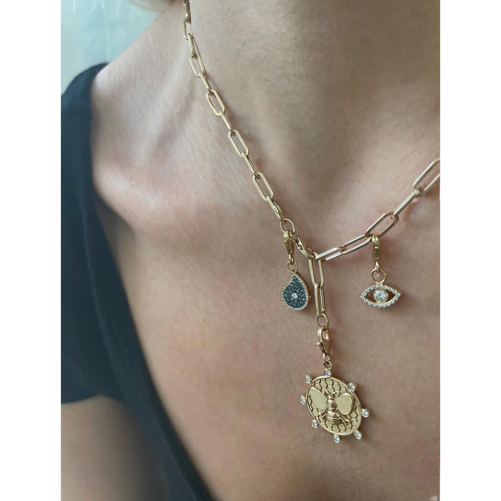Haniotis Hellas_Mythical Treasures_Charms_Chains_Gold_14 k_White Natural Diamonds_bee Euphoria_Drop Eye_Blue Diamonds_Haniotis_Haniotis Jewellery_Charm Necklace