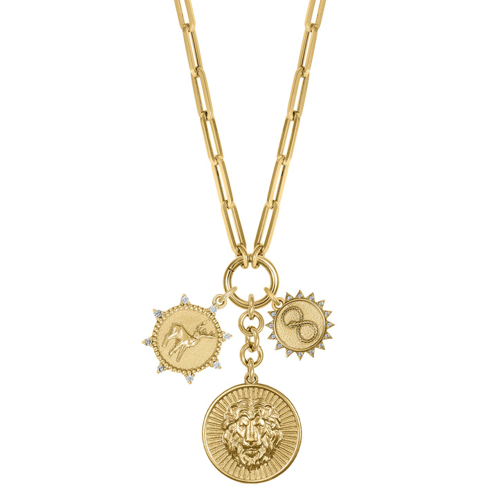 Lion, Deer & mini Ouroboros with Mini Paperclip clasp extension chain in 18K Gold