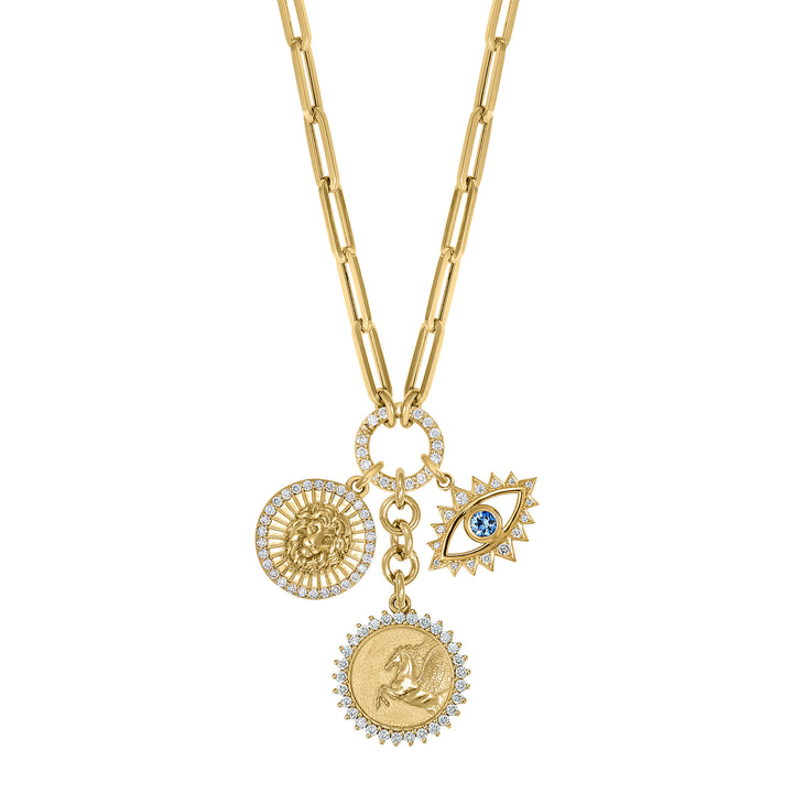 Diamond Pegasus, mini Lion & Sapphire Eye  with Mini Paperclip clasp extension chain in 18K Gold