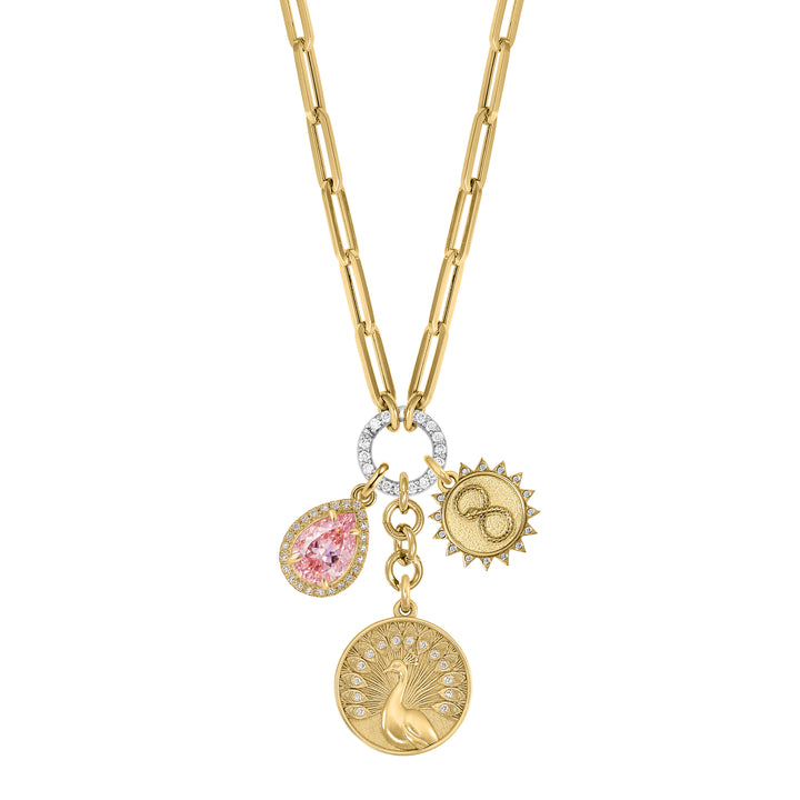 Peacock, Mini Ouroboros and Pear shaped Morganite with mini Paperclip Diamond clasp chain in 18K Gold