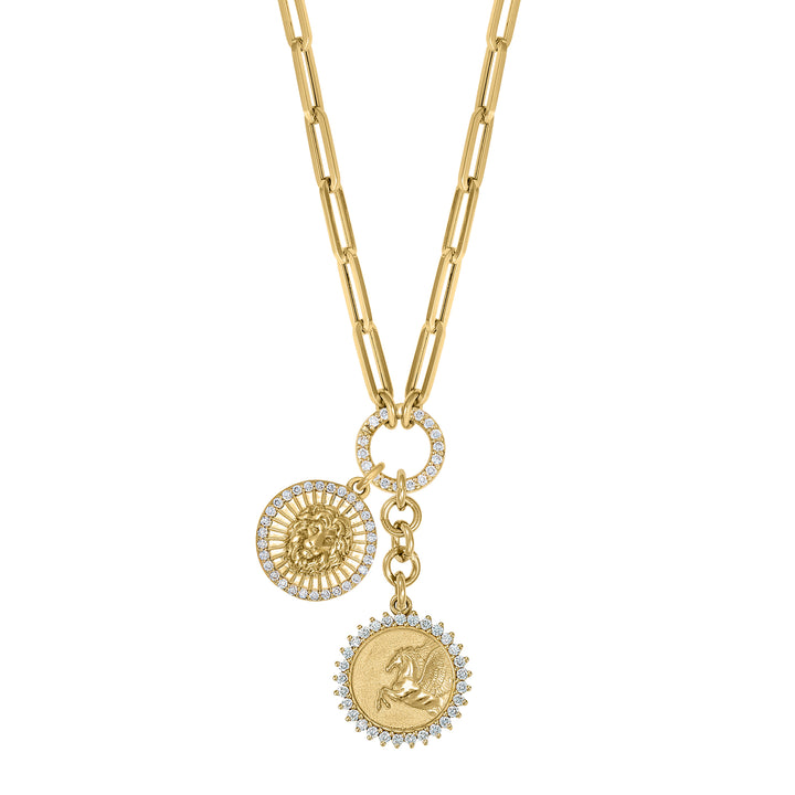 Diamond Pegasus and mini Lion with Mini Paperclip diamond clasp chain in 18K Gold