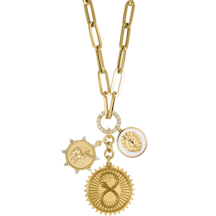 Ouroboros, Diamond Deer and Petite Pure Lion with Paperclip Diamond clasp chain in 18K Gold