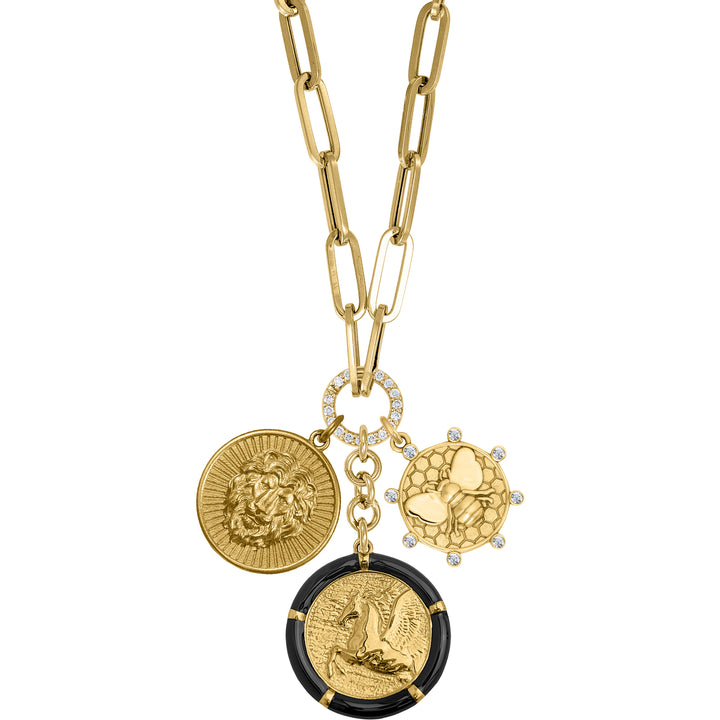 Pegasus, Lion and Diamond Bee with Paperclip diamond clasp chain in 18K Gold