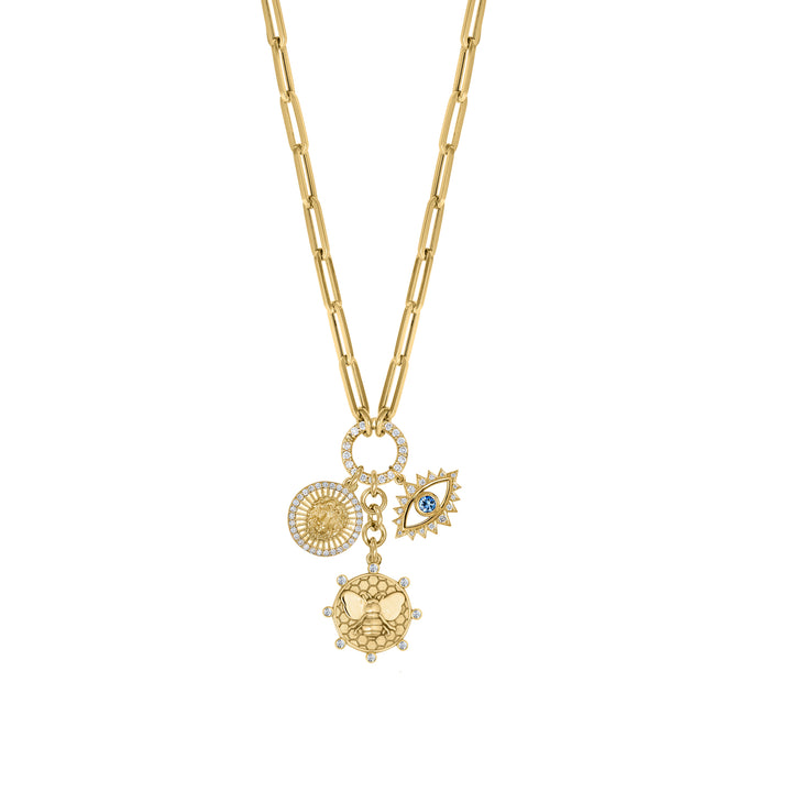Diamond Bee, Mini Lion and Sapphire Eye with Mini Paperclip clasp extension chain in 18K Gold
