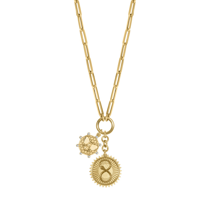 Ouroboros and Diamond Bee with Mini Paperclip clasp chain in 18K Gold