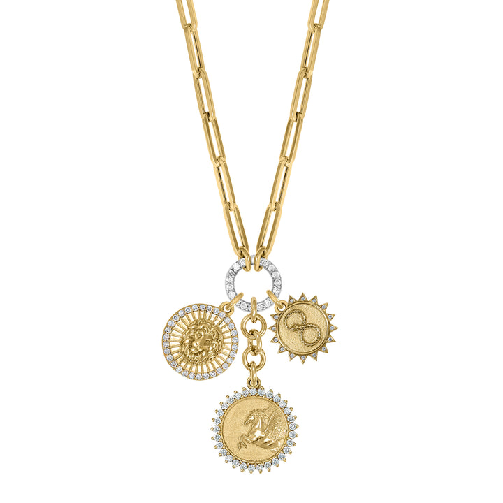 Diamond Pegasus, mini Lion & mini Ouroboros with Mini Paperclip clasp extension chain in 18K Gold