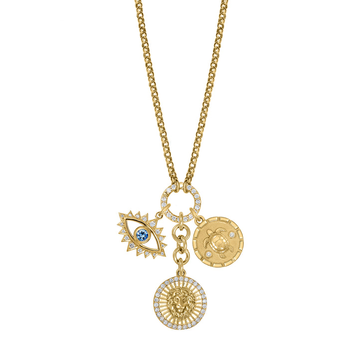 Mini Lion, Turtle and Sapphire Eye with Rolo Diamond clasp chain
