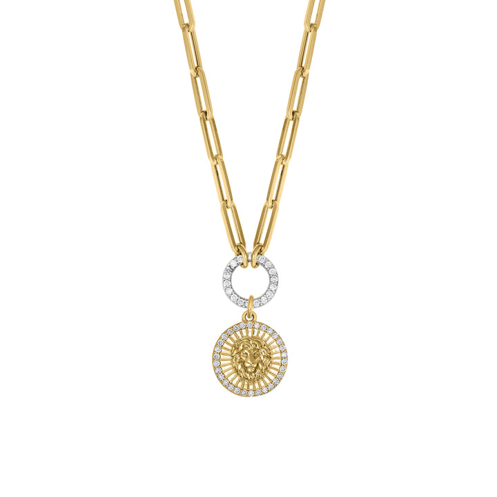Diamond Lion with Mini Paperclip diamond clasp chain in 18K Gold