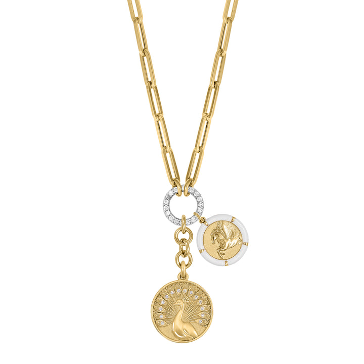 Peacock and Petite Pegasus with mini Paperclip Diamond clasp chain in 18K Gold