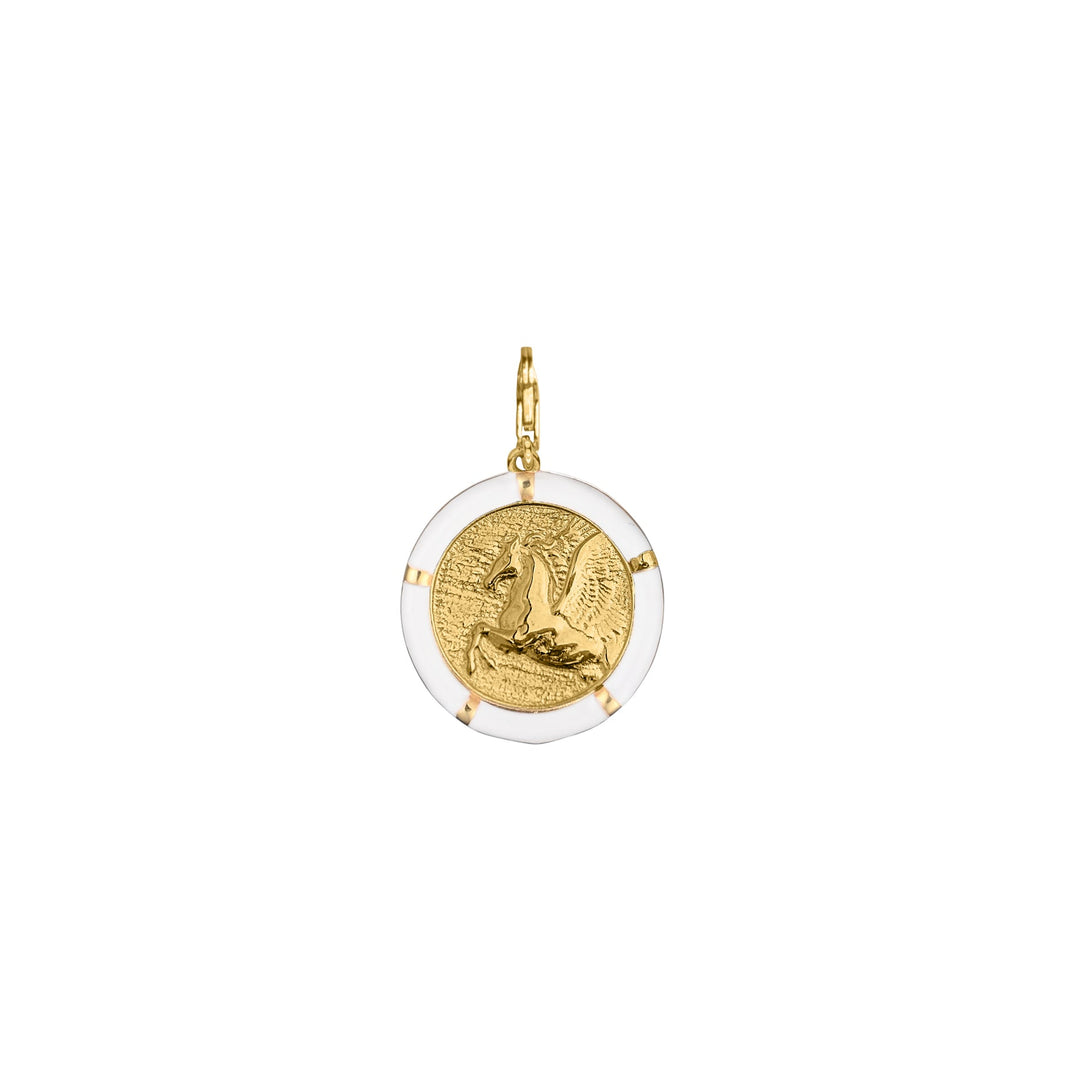 Pure Pegasus charm Embrace the allure of the Pegasus Eternity Charm from Haniotis Hellas' Mythic Treasures collection. Discover the symbol of freedom and majesty, embodied in this handcrafted 14K gold charm. Let your imagination soar as the Pegasus whispers tales of inspiration, while the great square, sun, and sea reflect tranquility. 