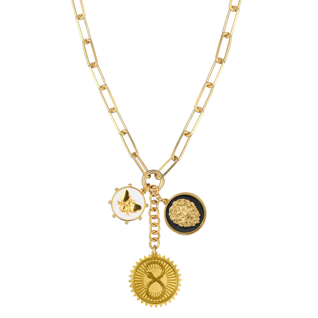 White Bee, Black Lion & Ouroboros with Paperclip clasp extension chain in Solid Gold