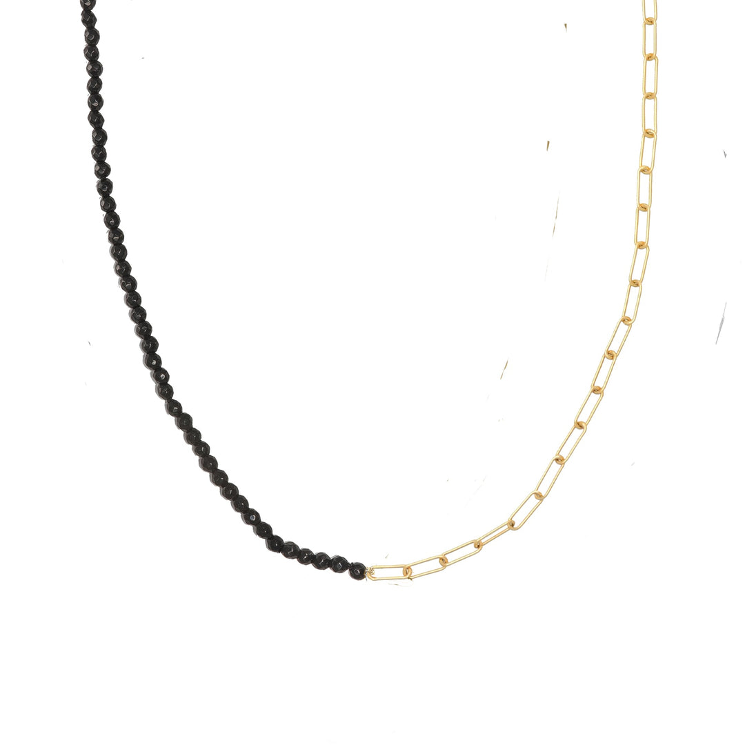 Half and half Onyx bead and Paperclip chain in Solid Gold