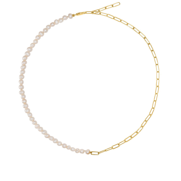 Half and half fresh water Pearls and Paperclip chain in Yellow Gold