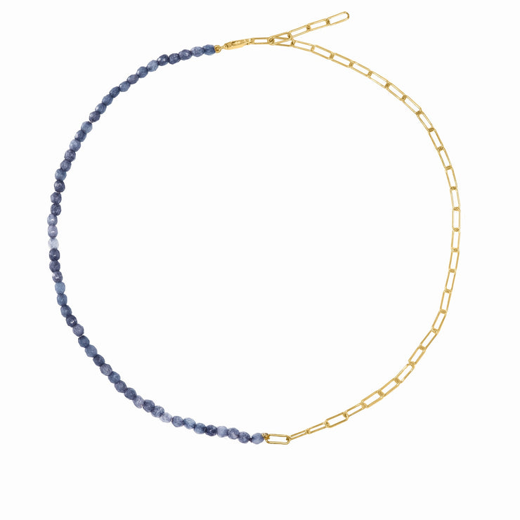 Half and half blue Sapphire bead and Paperclip chain in Yellow Gold