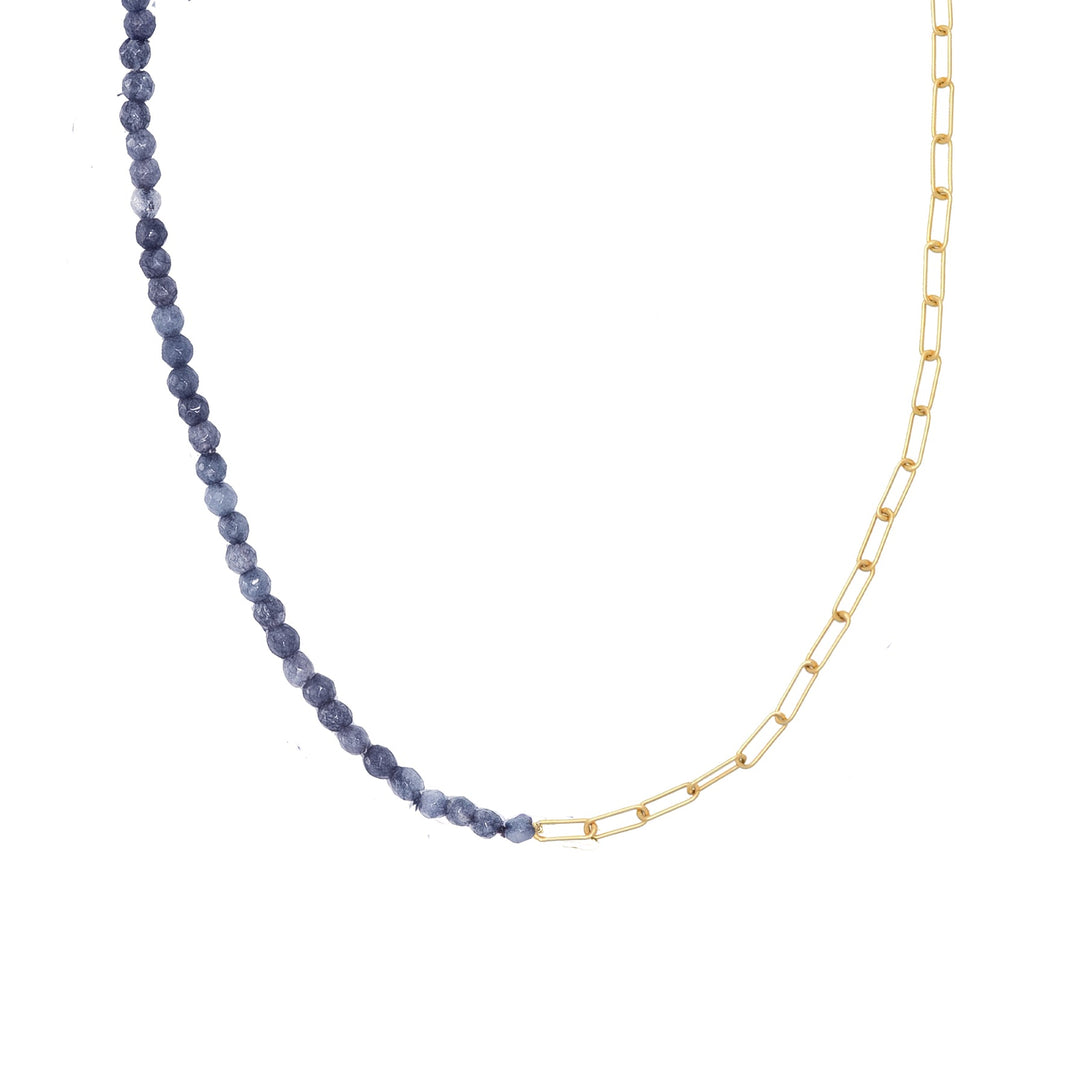 Half and half blue Sapphire beads and Paperclip chain in Solid Gold