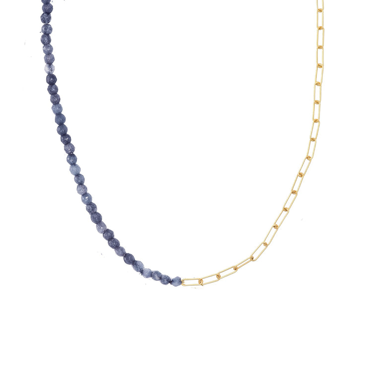 Half and half blue Sapphire bead and Paperclip chain in Yellow Gold