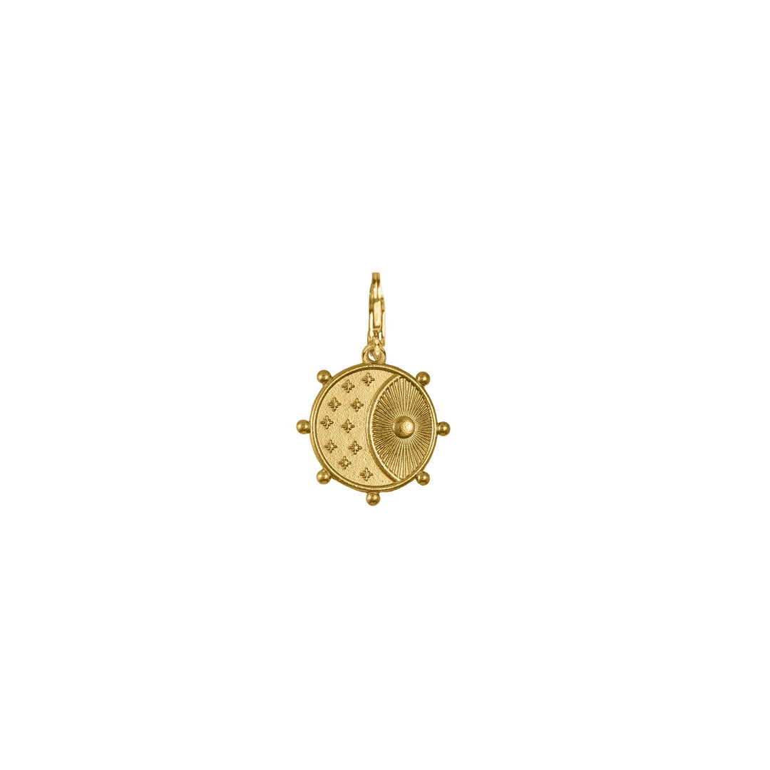 Reverse side - Nior Bee Euphoria Charm in yellow gold 14K by Haniotis Hellas..Experience the euphoric harmony embodied in our 'Bee's Euphoria' charm from the captivating Mythic Charms collection by Haniotis Hellas. Unlock the symbolic wisdom of the bee, complemented by celestial splendor with stars, moon, and the protective eye. Immerse yourself in the mythical aura of Greek artistry by curating a personalized ensemble, combining these enchanting charms.