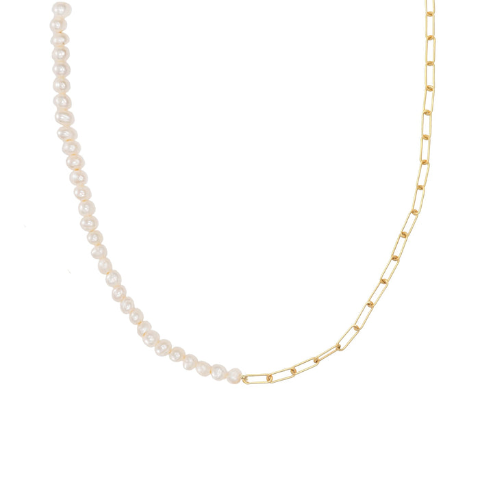 Half and half fresh water Pearls and mini Paperclip chain in Solid Gold