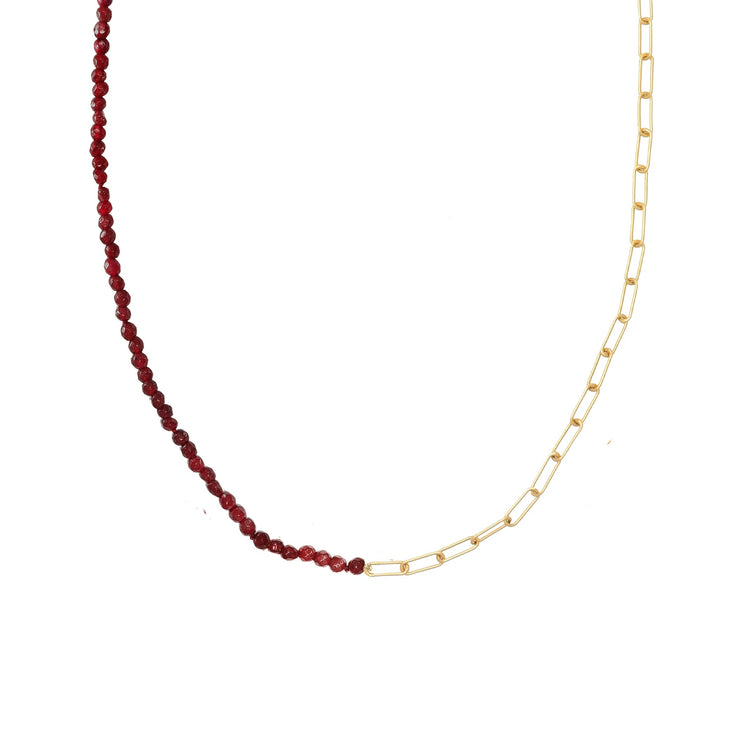 Half and half Ruby bead and Paperclip chain in Yellow Gold