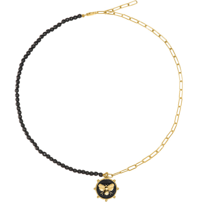 Black Bee with half and half Black Onyx and mini Paperclip chain in Solid Gold