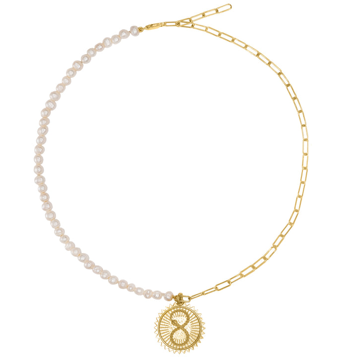 Ouroboros with half and half mini Paperclip chain and fresh water Pearls in Solid Gold