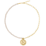 Ouroboros with half and half mini Paperclip chain and fresh water Pearls in Yellow Gold