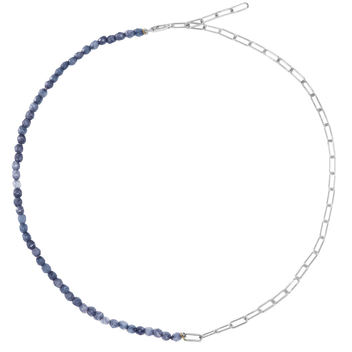 Half and half Blue Sapphire Beads and Paperclip Chain in Sterling Silver