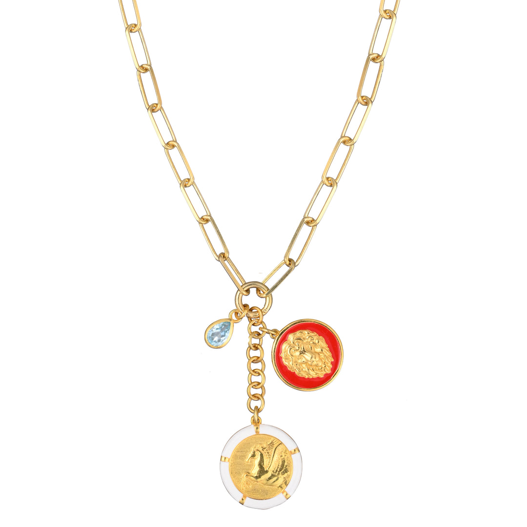 Sky blue topaz, Red lion & White Pegasus with Paperclip clasp extension chain in Solid Gold