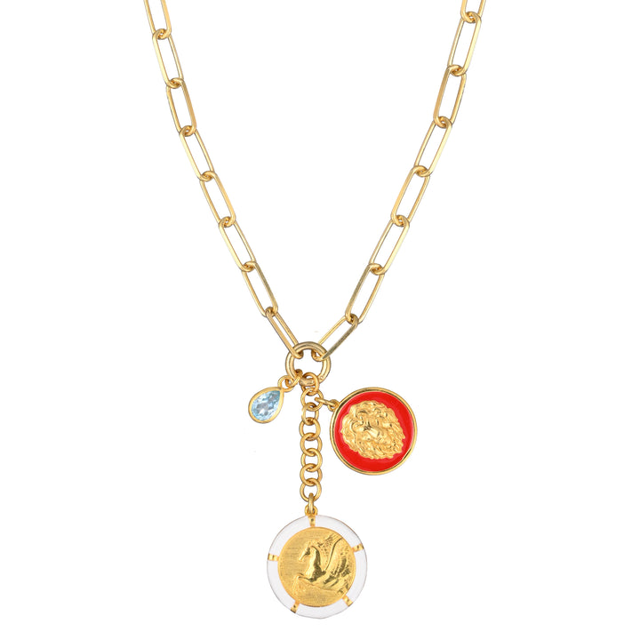 Sky blue topaz, Red lion & White Pegasus with Paperclip clasp extension chain in Solid Gold