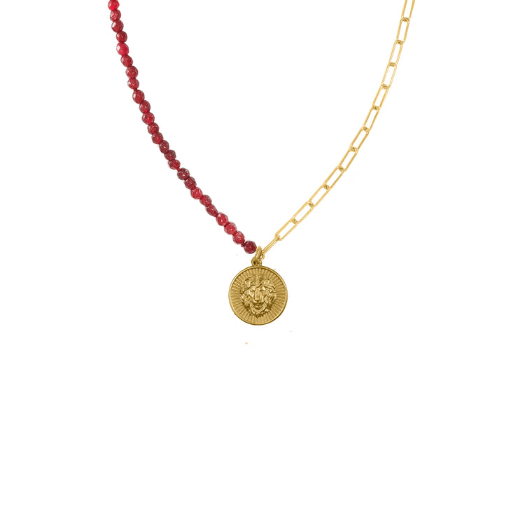 Lion with half and half mini Paperclip chain and Ruby beats in Yellow Gold