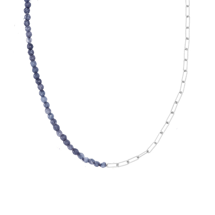 Half and half Blue Sapphire Bead and Paperclip Chain in Sterling Silver