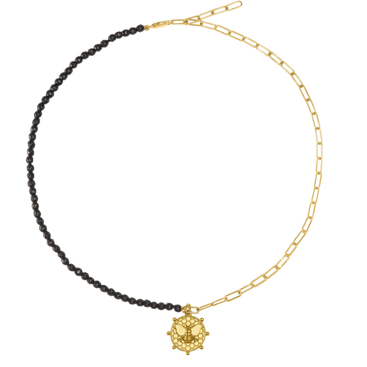 Bee charm with Onyx chain Choose from our range of half chain and half stone designs, featuring stunning onyx, sapphires, rubies, and freshwater pearls. These stones add a touch of color and elegance, making each chain a true work of art.