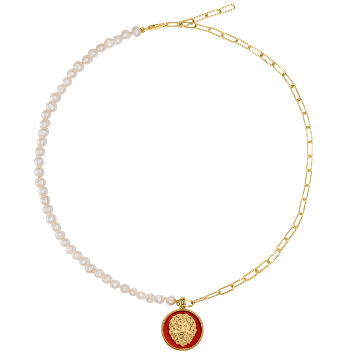 Passion Lion with half and half mini Paperclip chain and fresh water Pearls in Solid Gold
