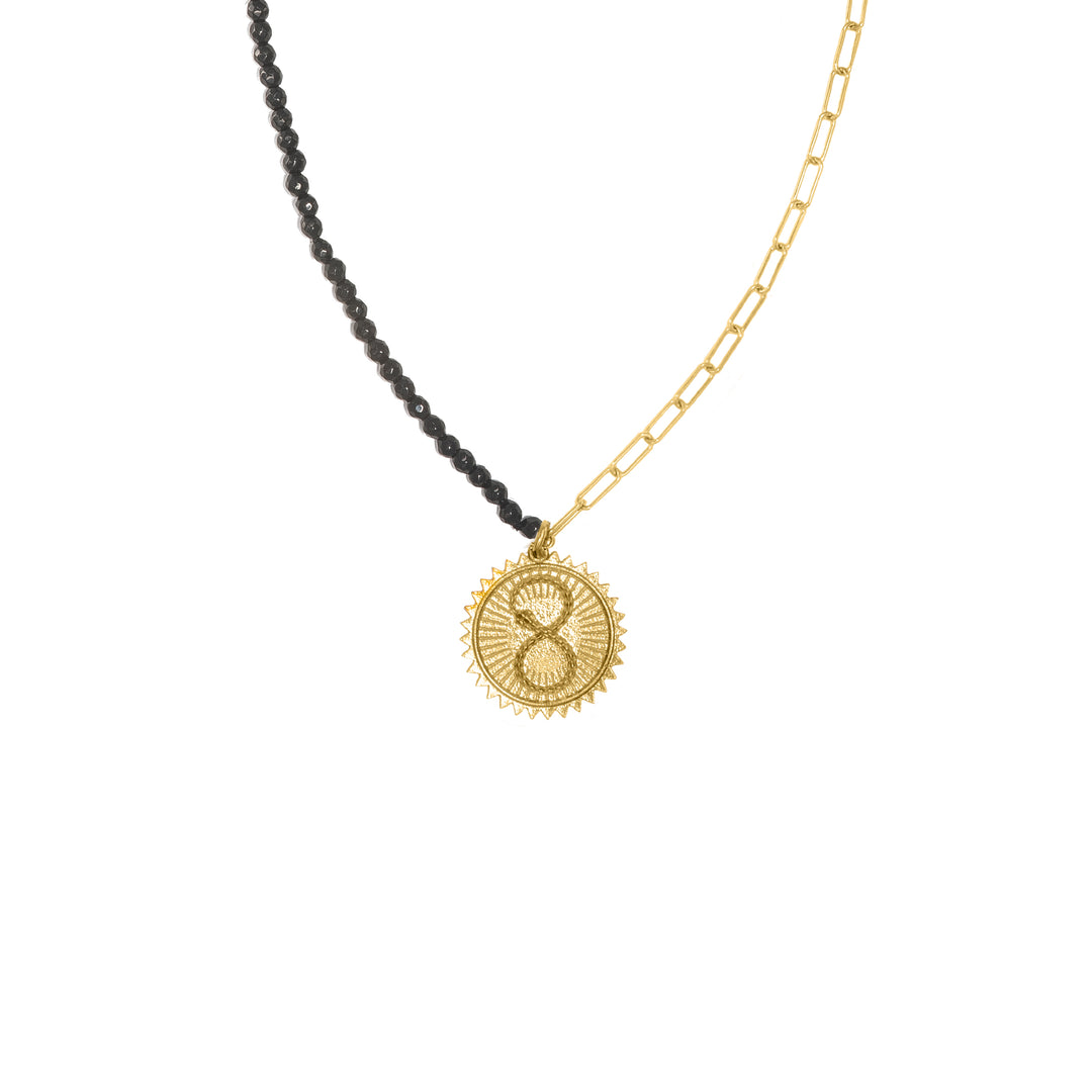 Ouroboros with half and half Black Onyx and mini Paperclip chain in Yellow Gold